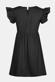 Black denim babydoll dress with ruffled short sleeves and a V-neckline.