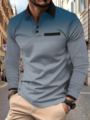 Men's long sleeve polo shirt with gradient dot print and chest pocket.
