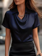 Dark Blue satin cowl neck shirt with short sleeves and a collar.