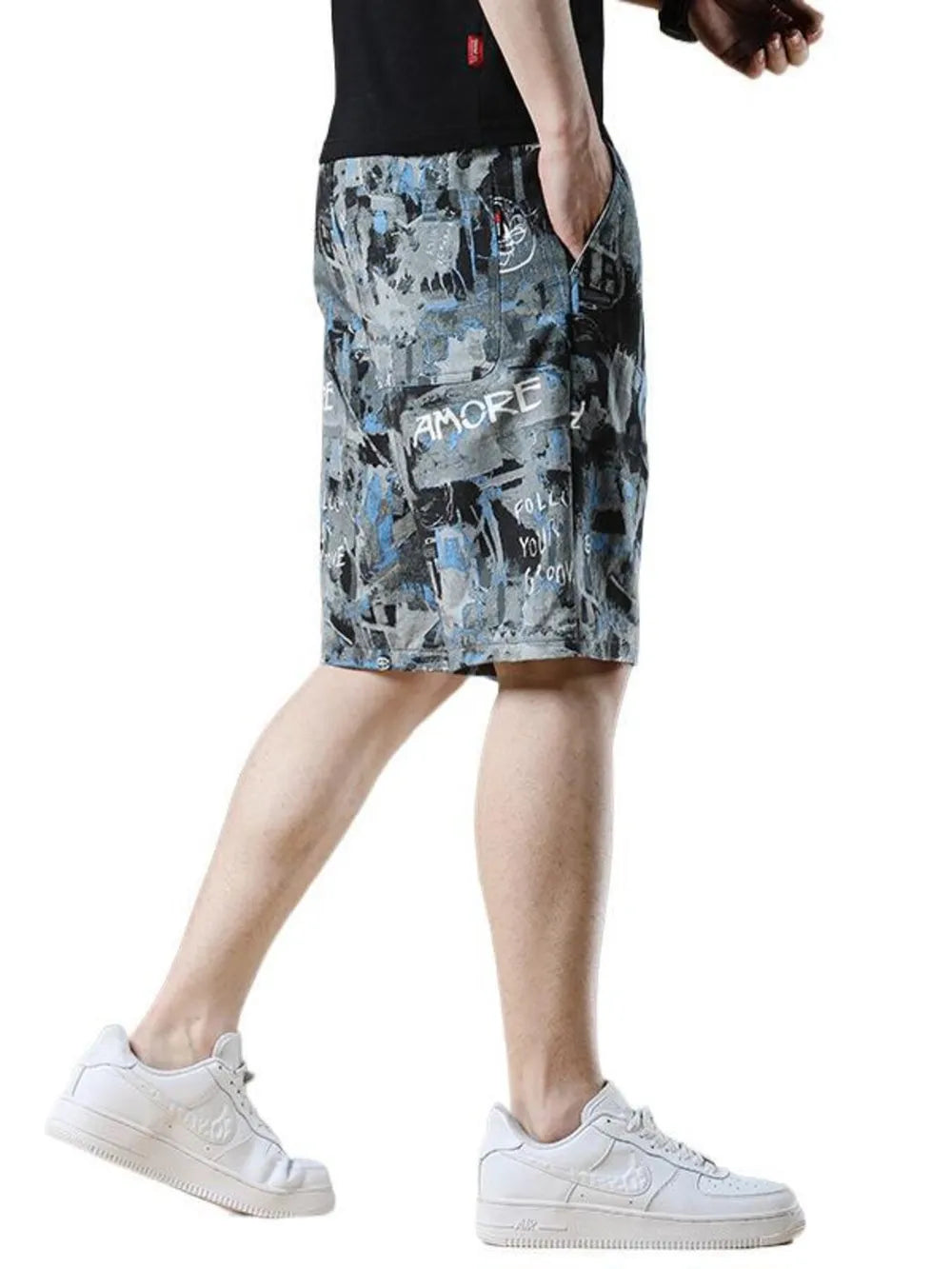 Casual cotton-blend chino shorts in dark gray with a graphic print and drawstring waist.