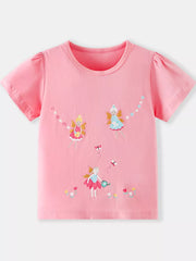 Pink cotton t-shirt with whimsical fairy print and puff sleeves.