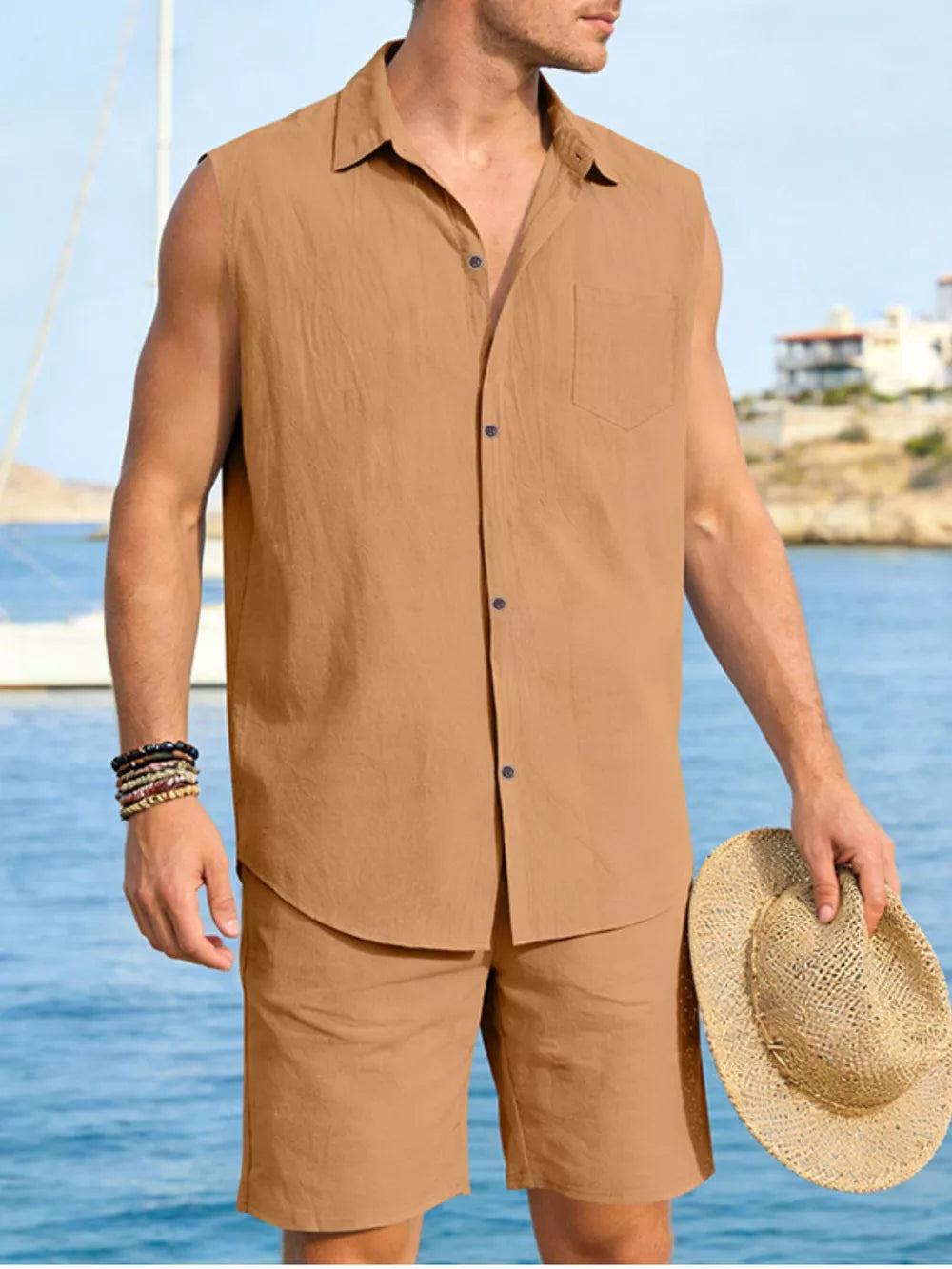 Men's sleeveless linen shirt and shorts set in Ochre, relaxed fit, button-down with pocket.