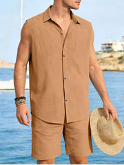 Men's sleeveless linen shirt and shorts set in Ochre, relaxed fit, button-down with pocket.