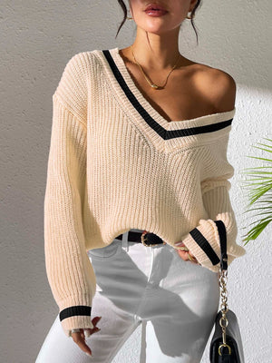 Cream ribbed knit sweater with varsity stripe V-neck and cuffs.