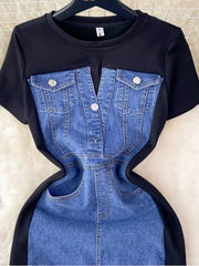 Denim patchwork short-sleeve dress with button-down front and chest pockets.