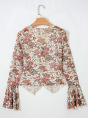 Charming floral print mesh blouse with bell sleeves and a ruffled hem.