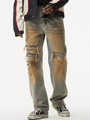 Men's distressed jeans with unique wash and ripped details