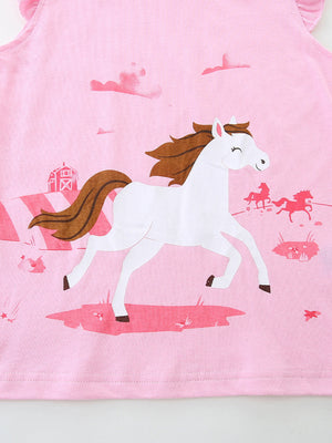 Pink cotton tank top with galloping horse graphic and ruffled sleeves.