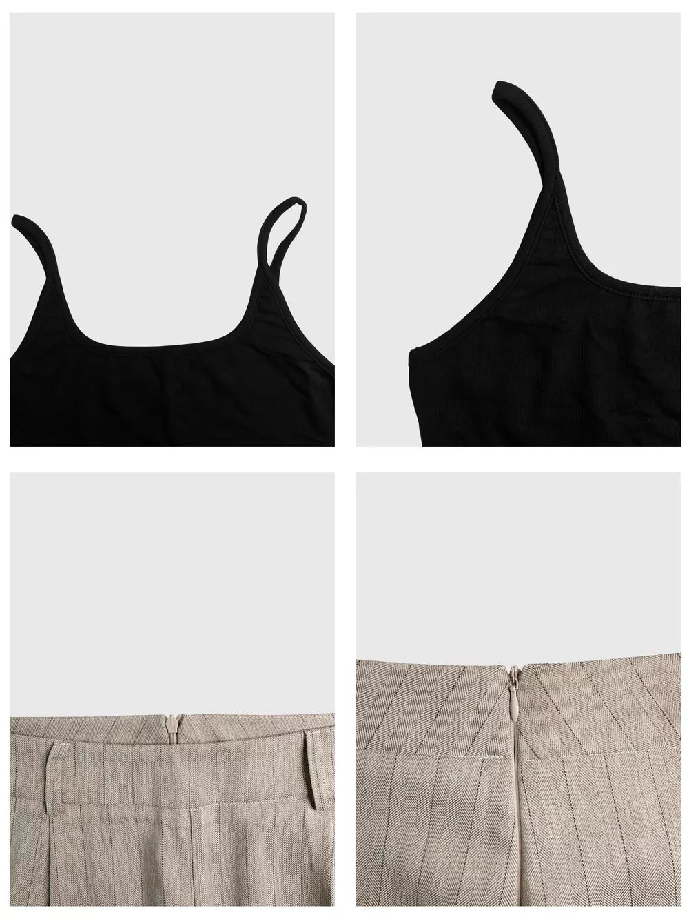 Chic sleeveless black top and pinstripe wide-leg pants set with zipper detail.