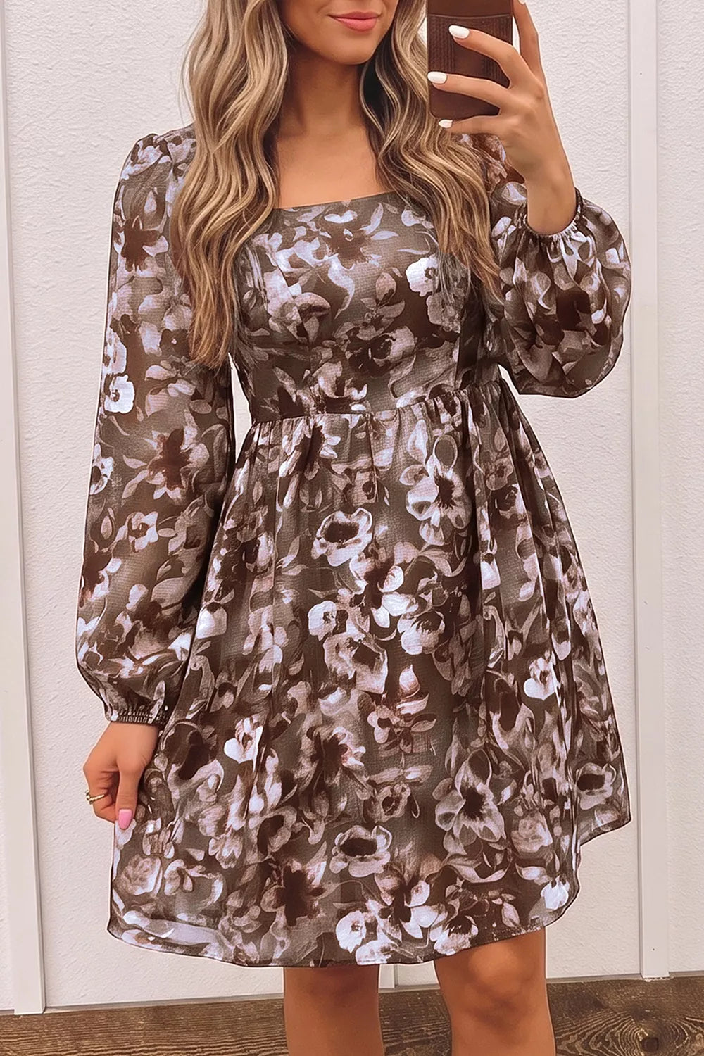 Abstract Floral Print Square Neck Mini Dress in Brown, front view