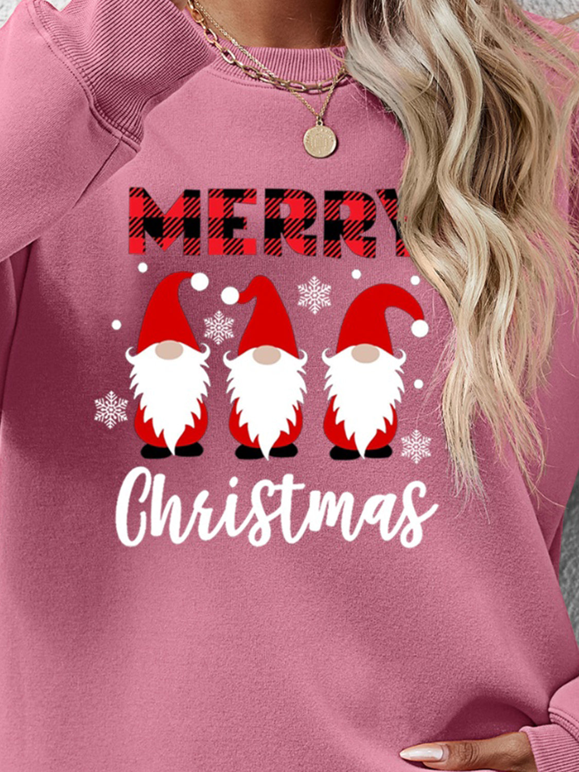 Blush Pink Christmas Gnome Graphic Sweatshirt with plaid Merry and snowflakes.