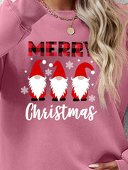 Blush Pink Christmas Gnome Graphic Sweatshirt with plaid Merry and snowflakes.