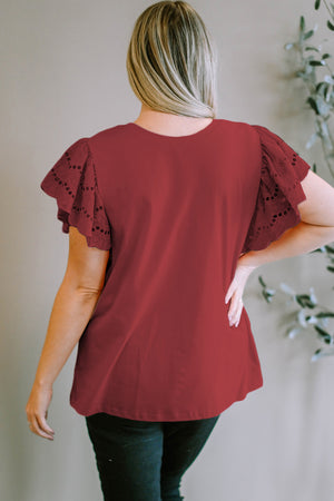 Burgundy eyelet flutter sleeve tee with a crew neck.