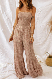 Camel floral smocked strappy jumpsuit with tiered wide legs