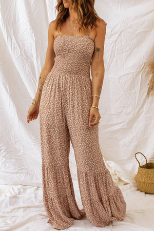 Camel floral smocked strappy jumpsuit with tiered wide legs