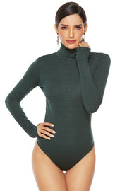 Dark green ribbed turtleneck bodysuit with long sleeves and a high-cut leg.