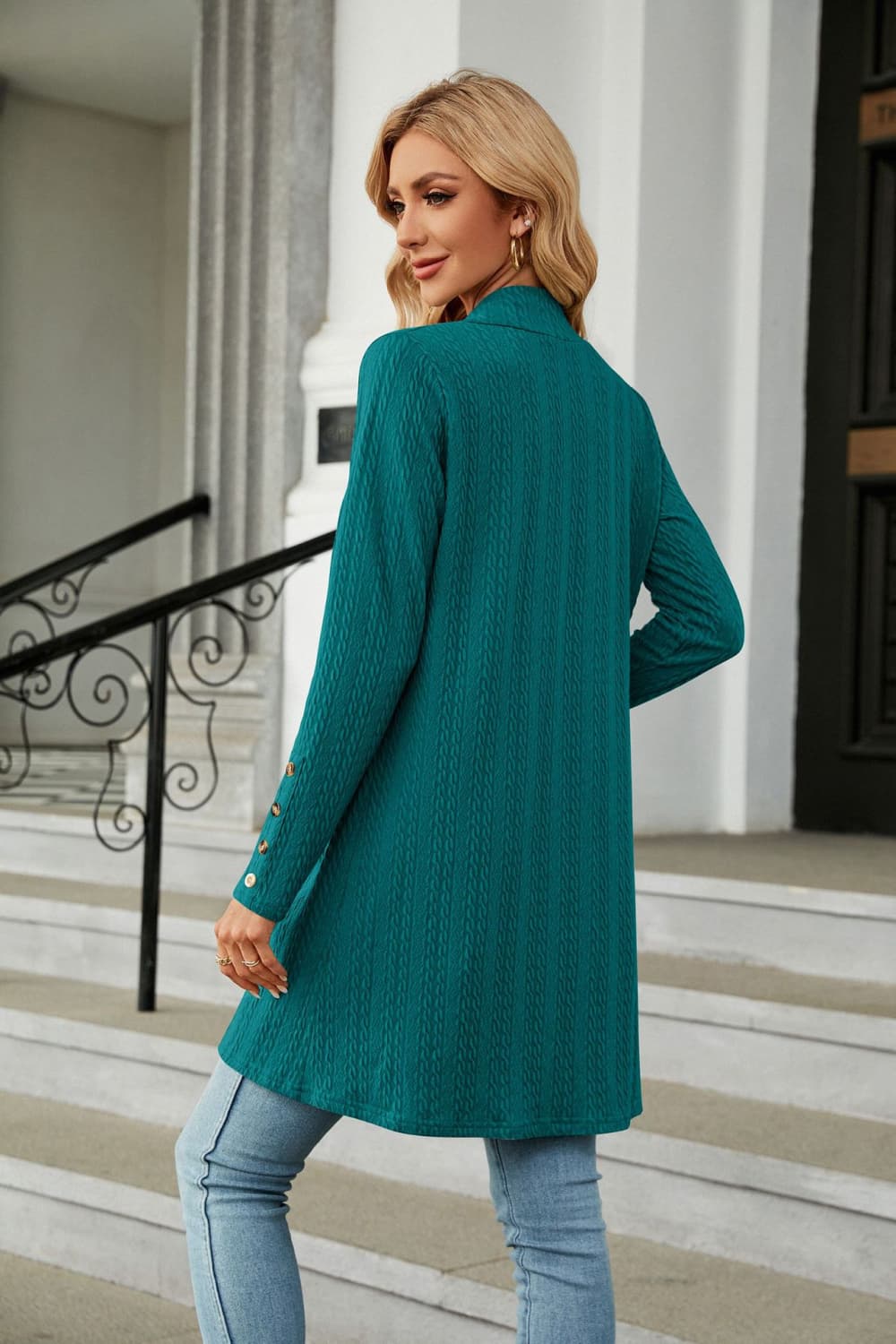 Turquoise textured knit open-front duster cardigan with button detail on sleeves
