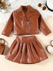 Brown faux leather jacket and pleated skirt set for baby girls.