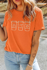 Embroidered Fall Drinks Round Neck Tee in Tangerine, side view
