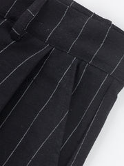 Black pinstripe sweatpants with a wide-leg cut and pleated detail.