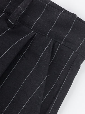 Black pinstripe sweatpants with a wide-leg cut and pleated detail.