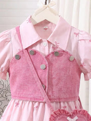 Children's Bow Print Puff Sleeve Dress Set in Pink, side view