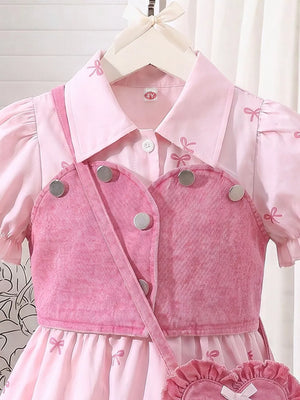 Children's Bow Print Puff Sleeve Dress Set in Pink, side view