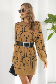 Caramel knit dress with allover bear motif, crew neck, long sleeves, and ribbed hem.
