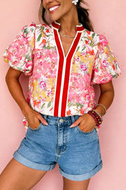 Contrast Collared V Neck Short Sleeve Floral Blouse in Floral, side view