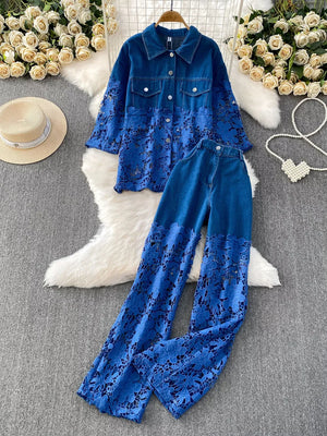 Blue denim two-piece set with lace-embellished sleeves and pant legs.