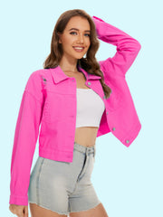 Hot Pink distressed denim trucker jacket with crystal fringe detail.
