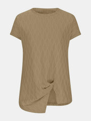 Camel textured tee with short sleeves and a knot-front asymmetric hem.