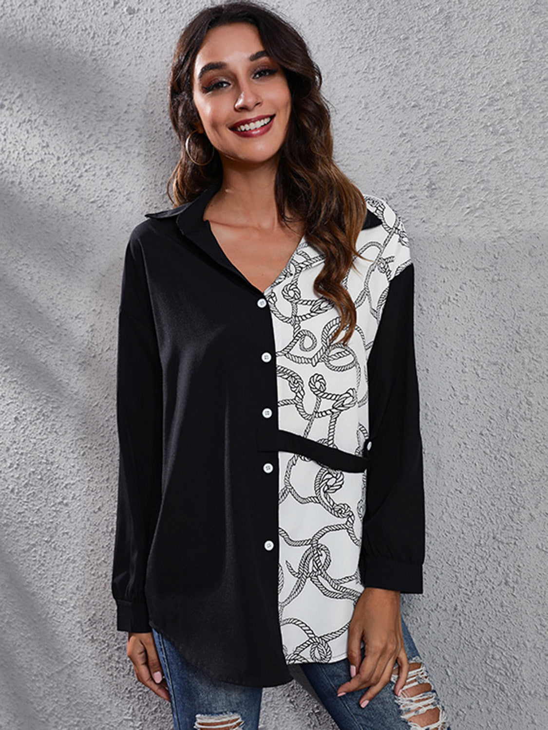 Black and white rope print panel button-down blouse with long sleeves.