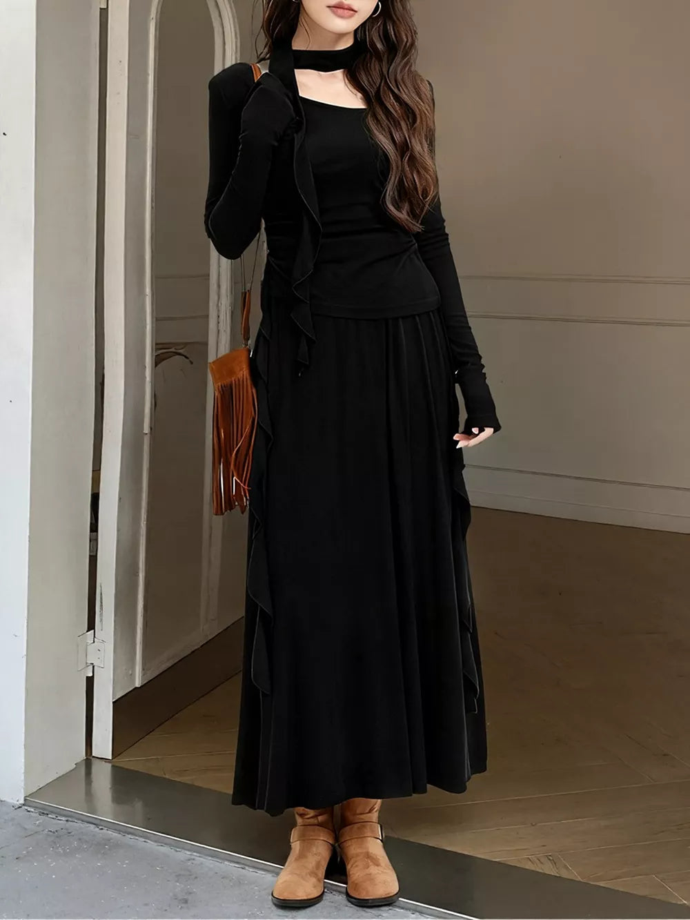 Ruffled Long Sleeve Knit Top And Maxi Skirt Set in Khaki, alternate angle