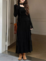 Ruffled Long Sleeve Knit Top And Maxi Skirt Set in Khaki, alternate angle