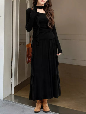 Ruffled Long Sleeve Knit Top And Maxi Skirt Set in Khaki, alternate angle