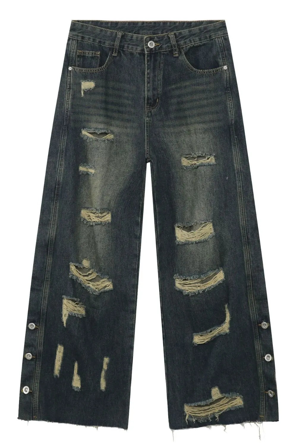 Distressed dark wash wide leg jeans with side button slits and frayed hem