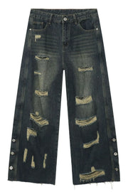 Distressed dark wash wide leg jeans with side button slits and frayed hem