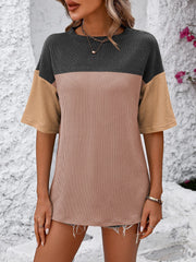 Mandy Color Pop T-Shirt in black, camel, and pink with a waffle knit texture and short sleeves.
