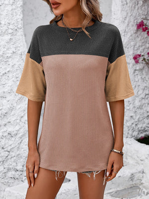 Mandy Color Pop T-Shirt in black, camel, and pink with a waffle knit texture and short sleeves.