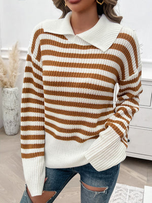 Caramel and white stripe knit pullover sweater with wide collar and ribbed cuffs.