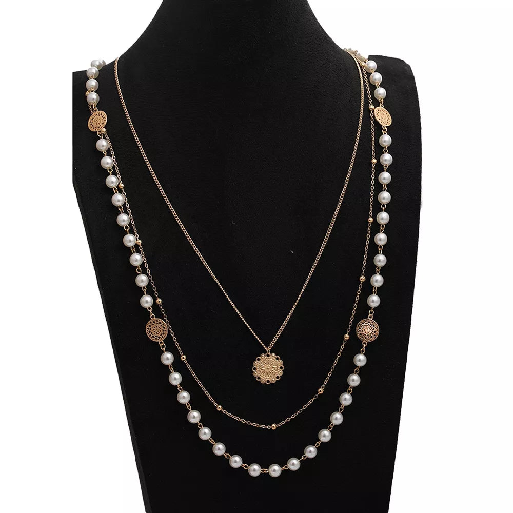 Multi-layered Pearl And 18k Gold-plated Necklace in Gold, back view