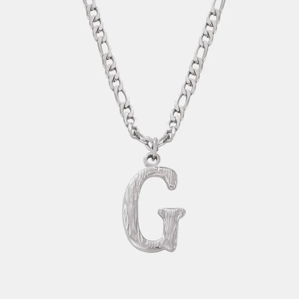 Textured initial pendant necklace with stainless steel curb chain, Style G