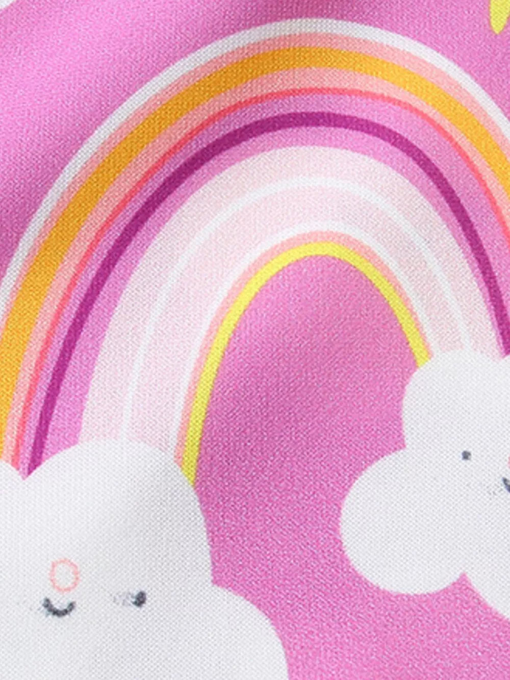 Girls' long johns with a pink background, rainbow, and cloud print.