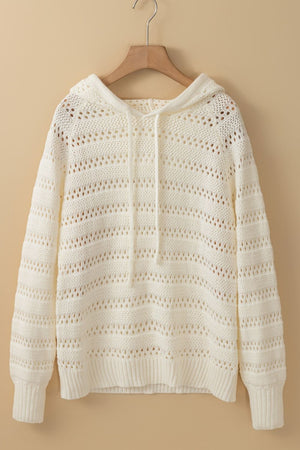 Openwork knit hoodie in beige with drawstring and ribbed cuffs.