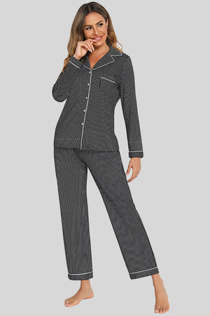 Black polka dot pajama set with white trim and collar.