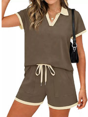 Brown polo collar two-piece set with contrast trim and drawstring shorts