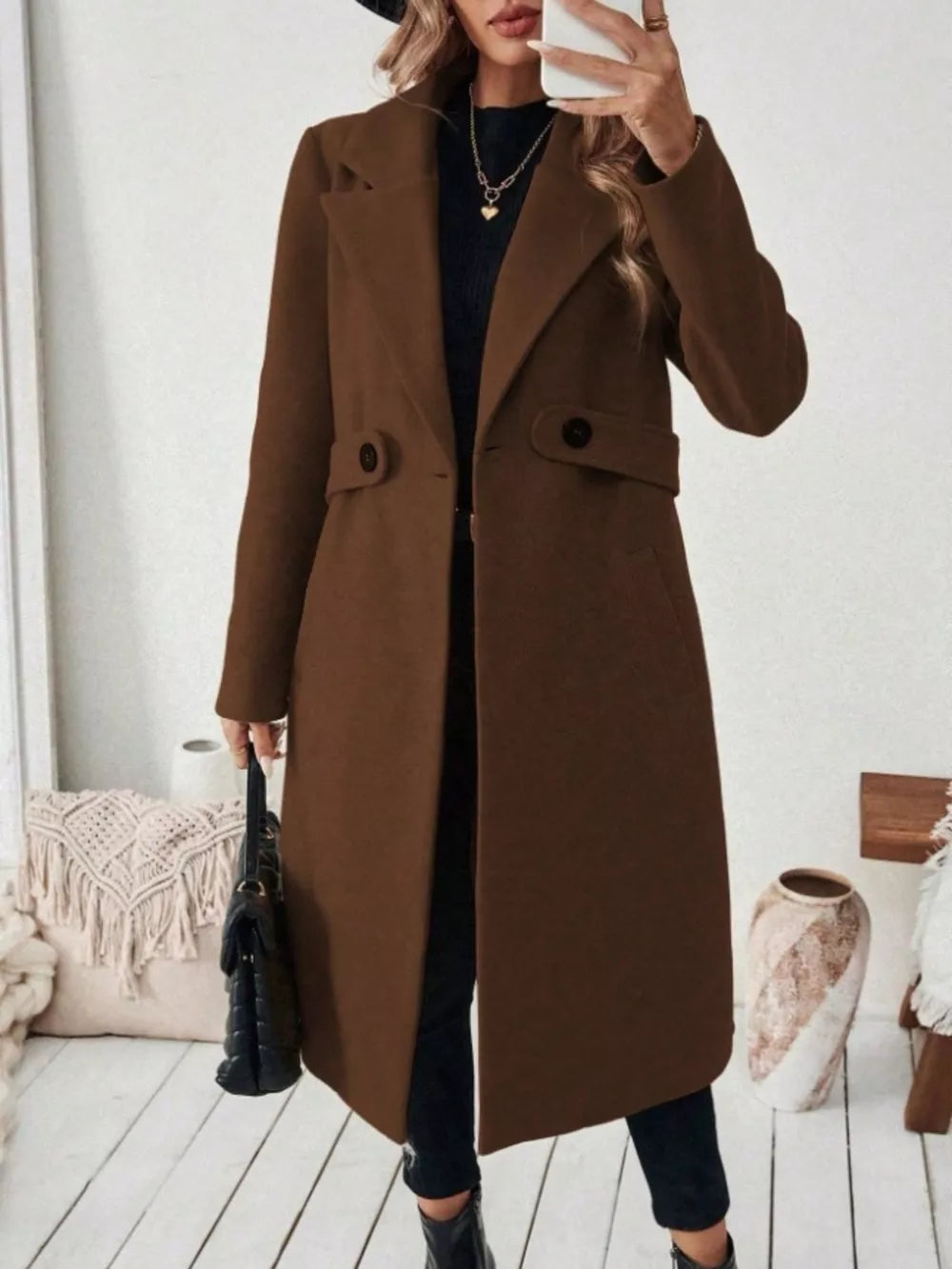 Elegant Lapel Collar Belted Trench Coat Plus Size in Gray, fit detail