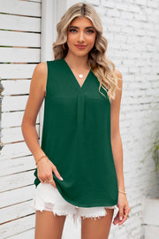 Dark Green textured sleeveless V-neck blouse with front pleats