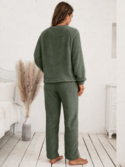 Plush raglan sleeve lounge set in Matcha Green, featuring a crewneck sweatshirt and relaxed-fit pants.